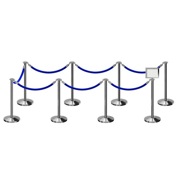 Montour Line Stanchion Post & Rope Kit Pol.Steel, 8FlatTop 7Blue Rope 8.5x11H Sign C-Kit-7-PS-FL-1-Tapped-1-8511-H-7-PVR-BL-PS